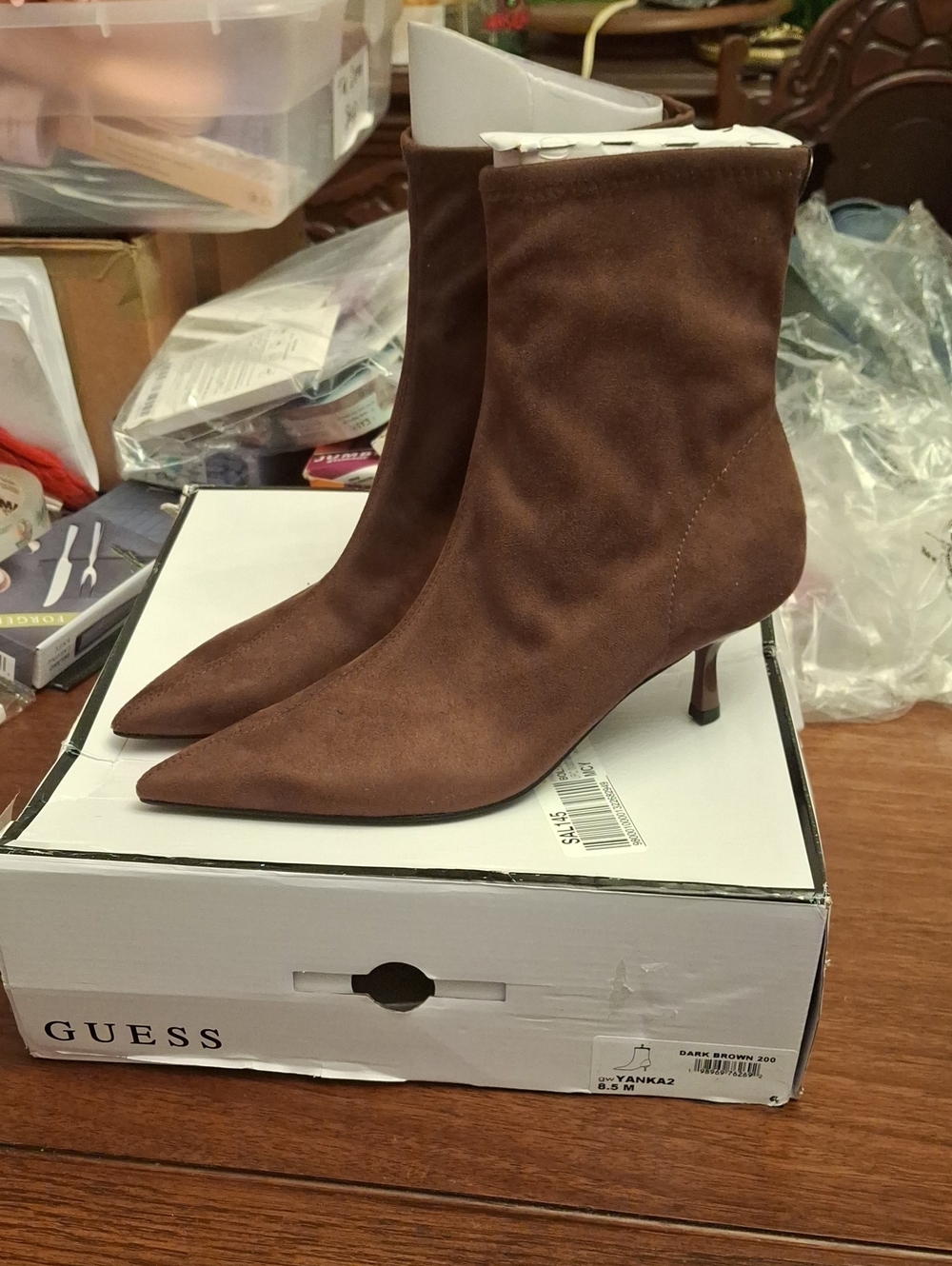 Guess Brown Suede Pointed Toe Kitten Heel Ankle Boots New - 2 Sizes 8 & 8.5